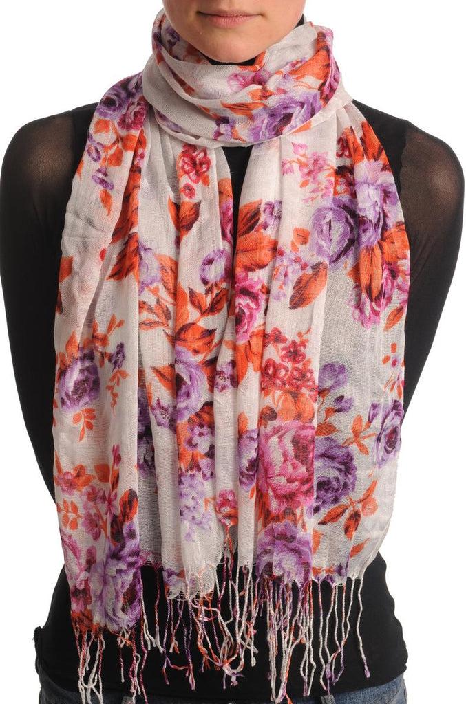 liss kiss Orange & Purple Roses On White With Tassels - Scarf