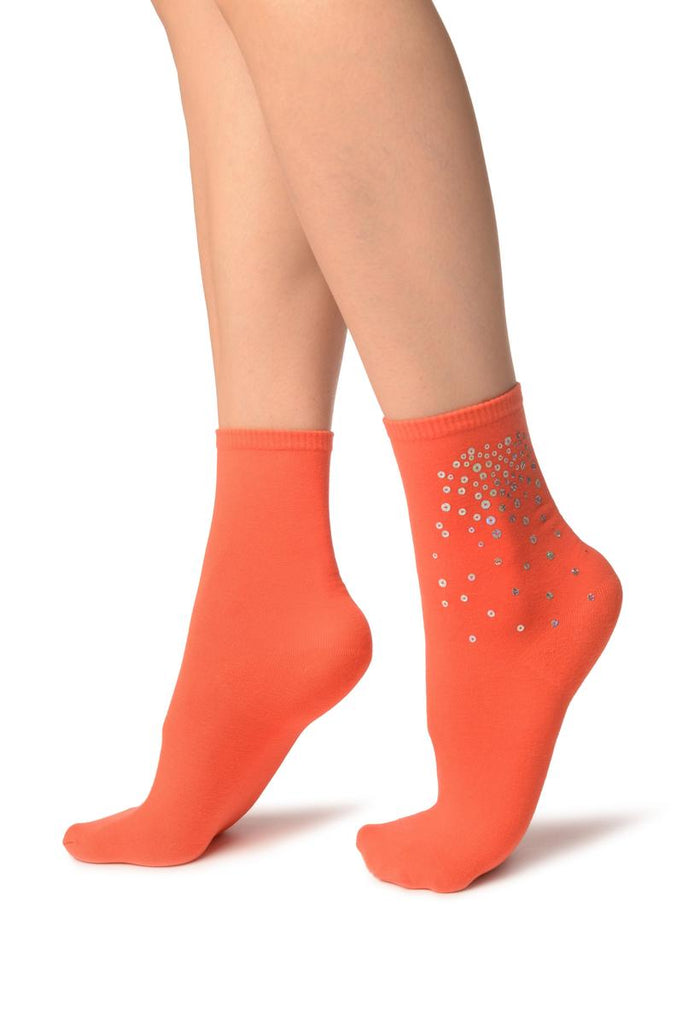 Liss Kiss Orange Sequin Embellished Ankle High Socks - Socks