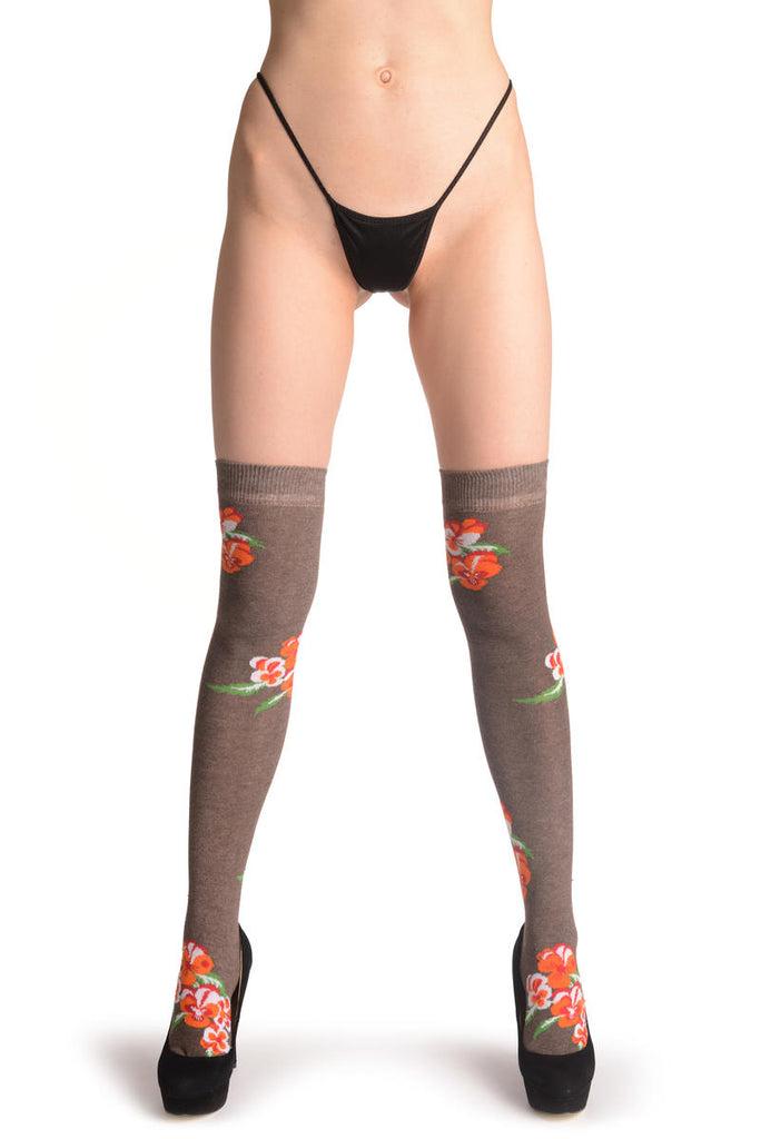 Liss Kiss Orange Viola Flowers On Mocha - Over The Knee Socks