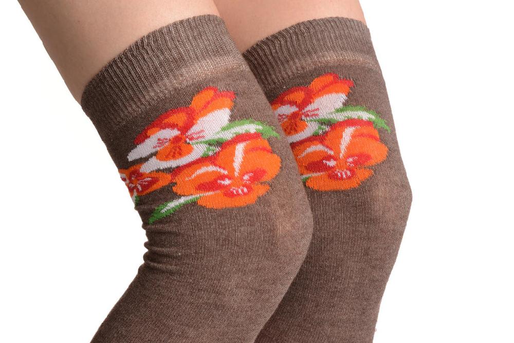 Liss Kiss Orange Viola Flowers On Mocha - Over The Knee Socks