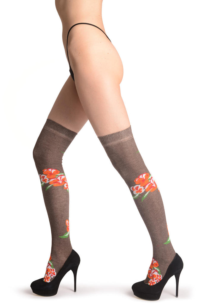 liss kiss Orange Viola Flowers On Mocha - Over The Knee Socks