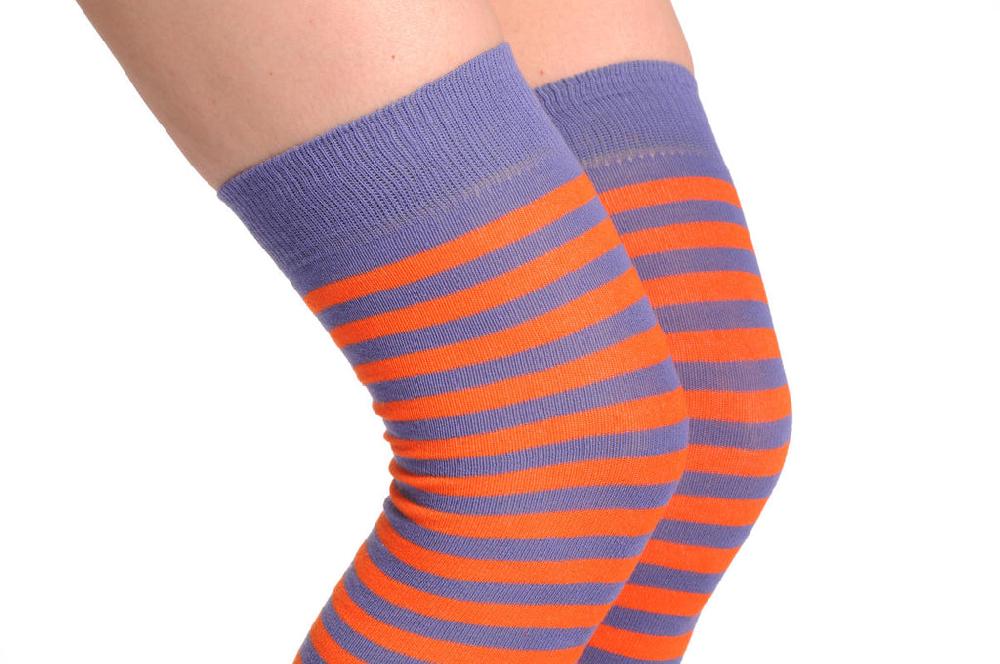 Liss Kiss Orange & Violet Black Stripes - Over The Knee Socks