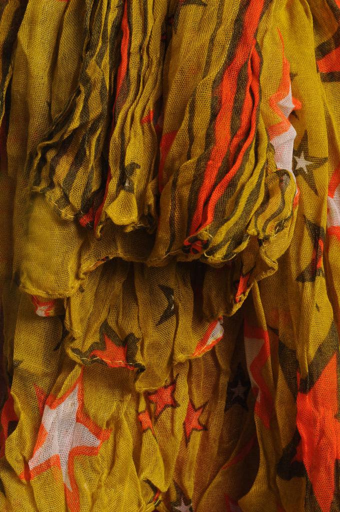 Liss Kiss Orange & White Stars On Olive Green Wrinkle & Creased Effect - Scarf