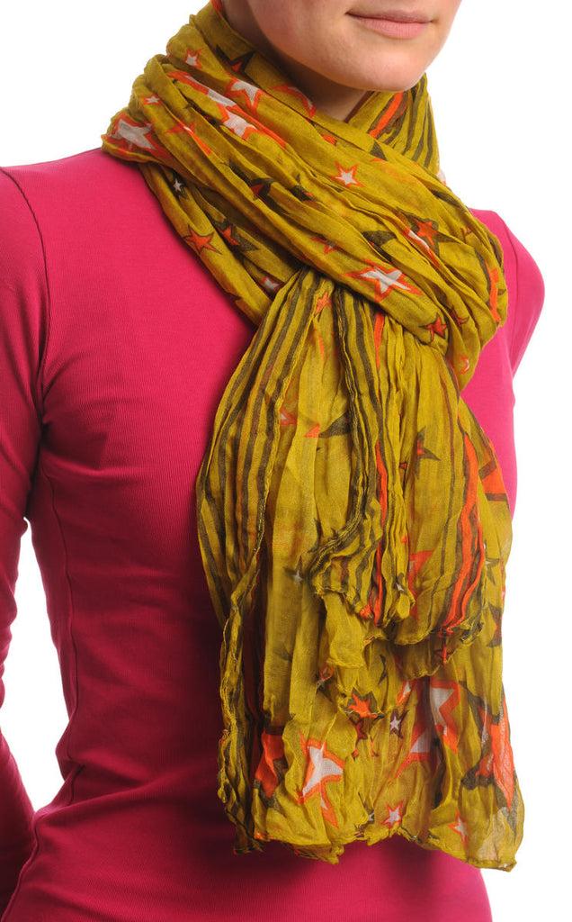Liss Kiss Orange & White Stars On Olive Green Wrinkle & Creased Effect - Scarf