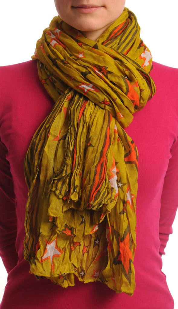 liss kiss Orange & White Stars On Olive Green Wrinkle & Creased Effect - Scarf