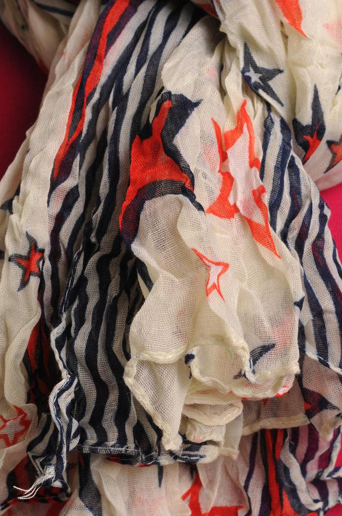 Liss Kiss Orange & White Stars On Vintage White Wrinkle & Creased Effect - Scarf