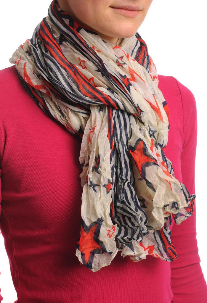 Liss Kiss Orange & White Stars On Vintage White Wrinkle & Creased Effect - Scarf