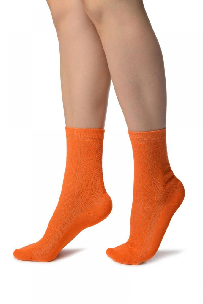 Liss Kiss Orange With Crocheted Stripes Ankle High Socks - Socks