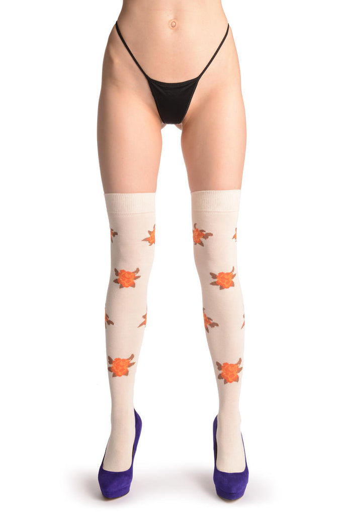 Liss Kiss Orange With Yelllow Roses On Cleam - Over The Knee Socks