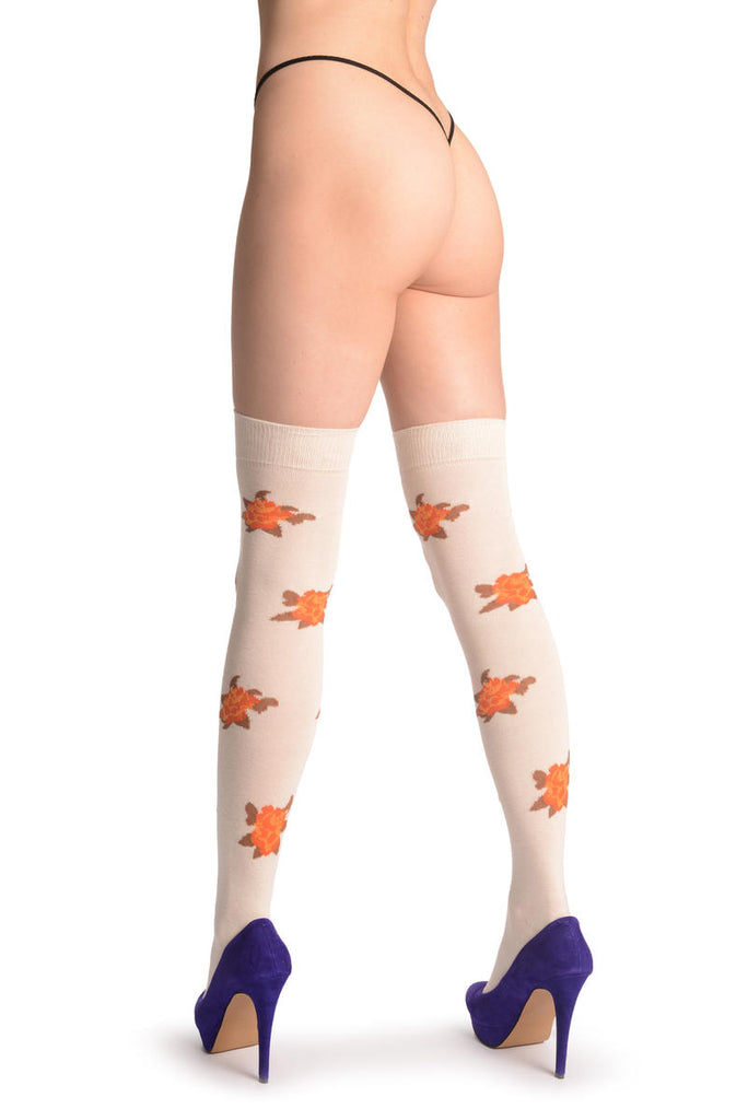 Liss Kiss Orange With Yelllow Roses On Cleam - Over The Knee Socks
