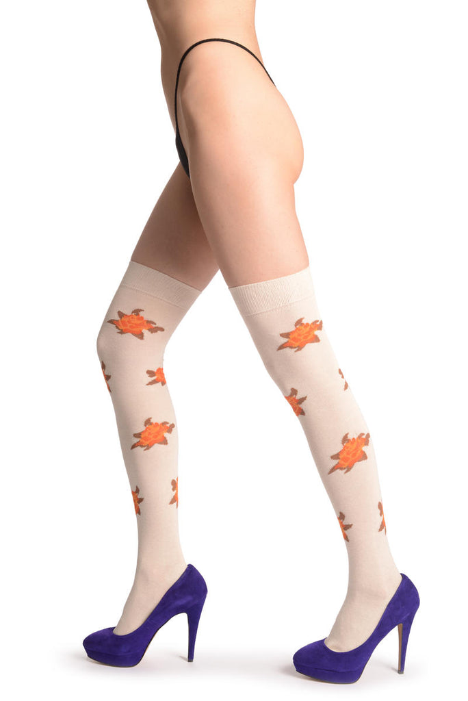 Liss Kiss Orange With Yelllow Roses On Cleam - Over The Knee Socks