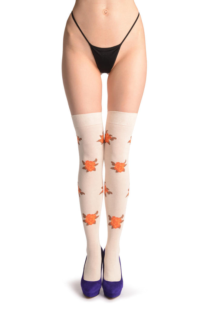 liss kiss Orange With Yelllow Roses On Cleam - Over The Knee Socks