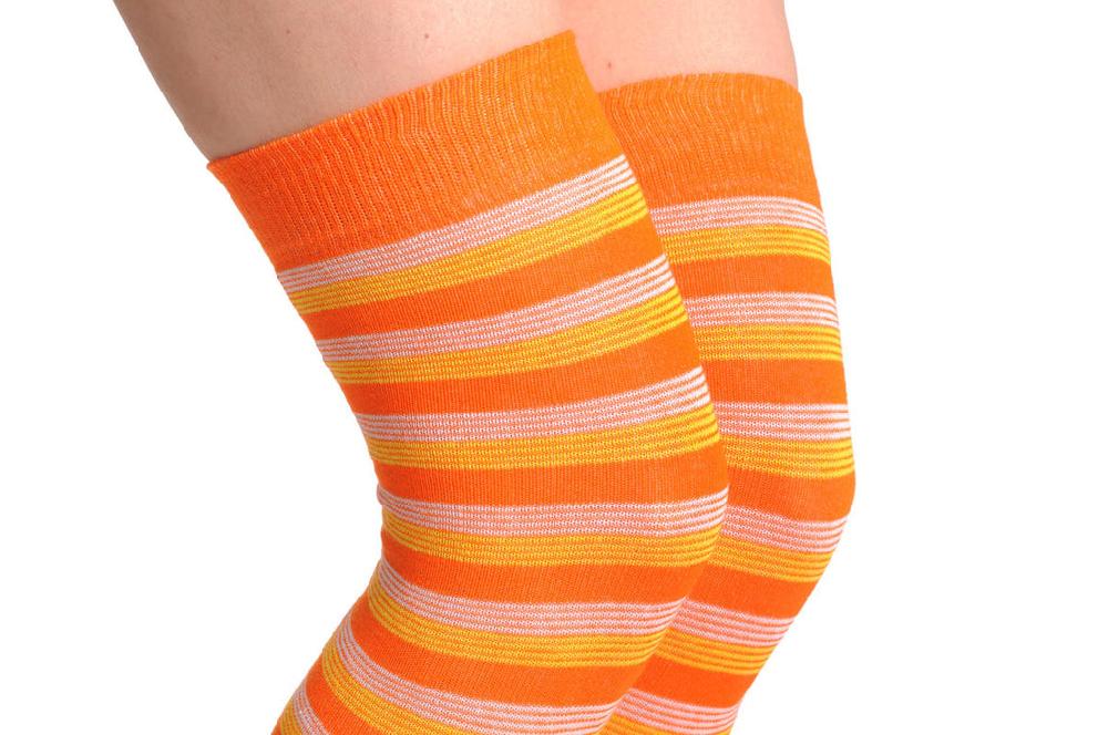 Liss Kiss Orange Yellow & White Thin Stripes - Over The Knee Socks