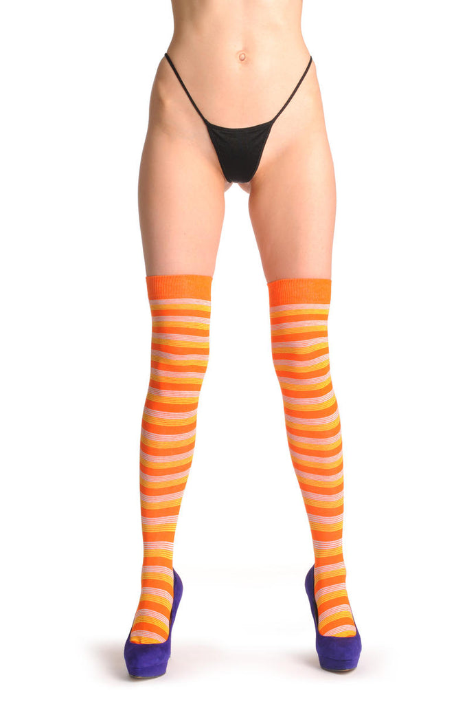 liss kiss Orange Yellow & White Thin Stripes - Over The Knee Socks