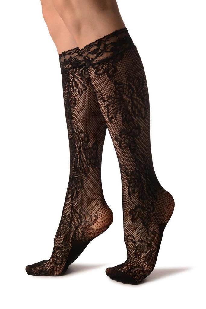 Liss Kiss Orchid & Peony Flowers Black Lace Knee High Socks - Socks