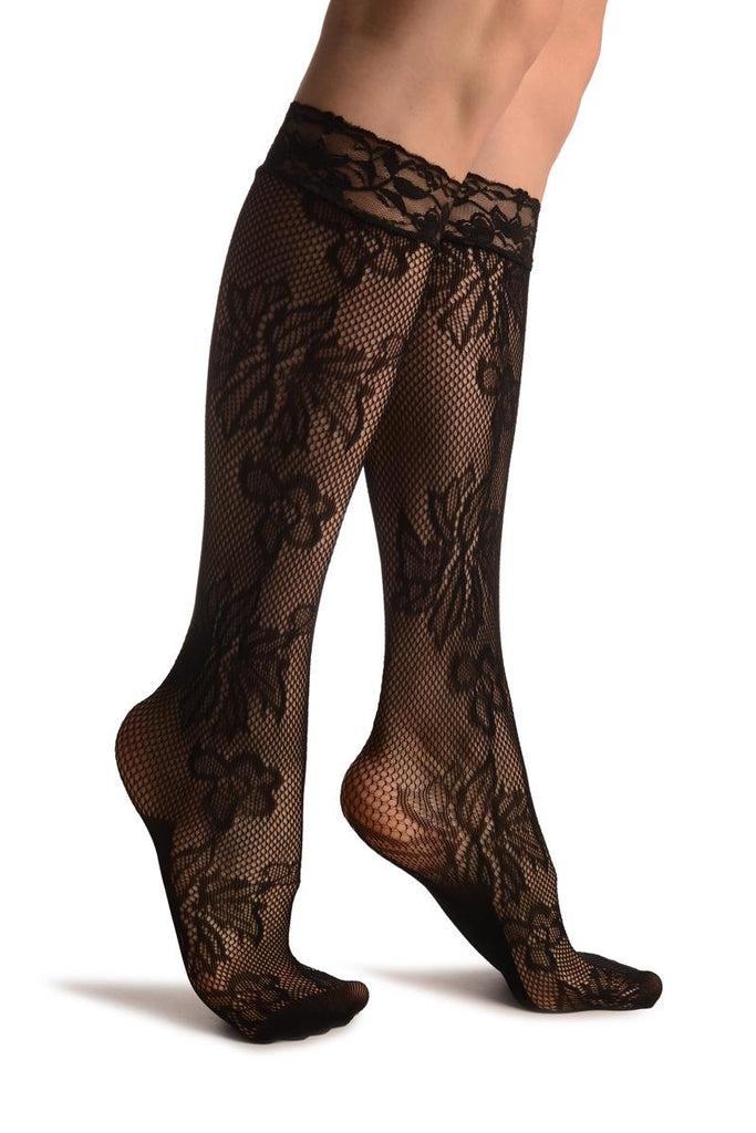 liss kiss Orchid & Peony Flowers Black Lace Knee High Socks - Socks