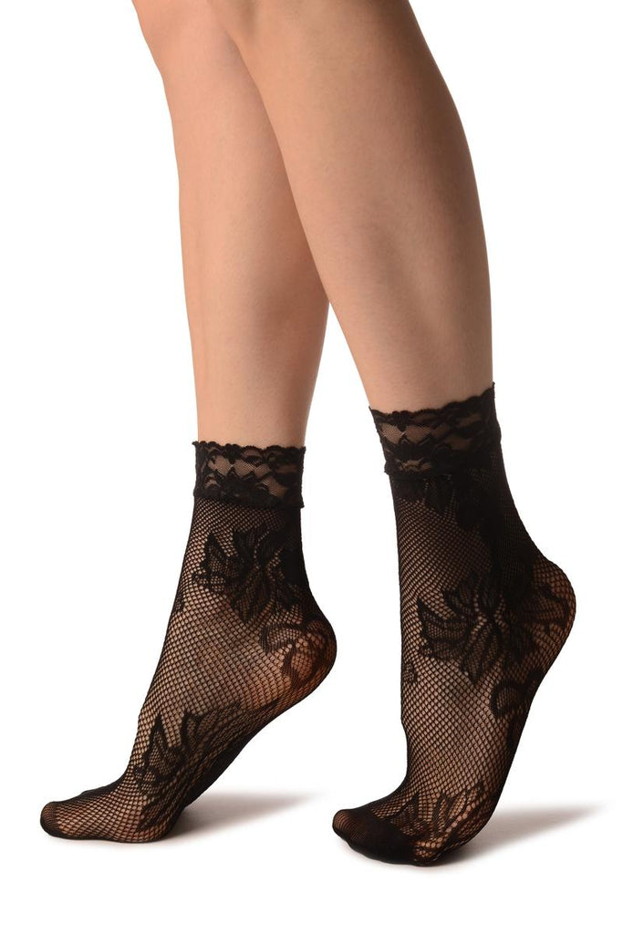 Liss Kiss Orchid & Peony Flowers Black Lace Socks Ankle High - Socks