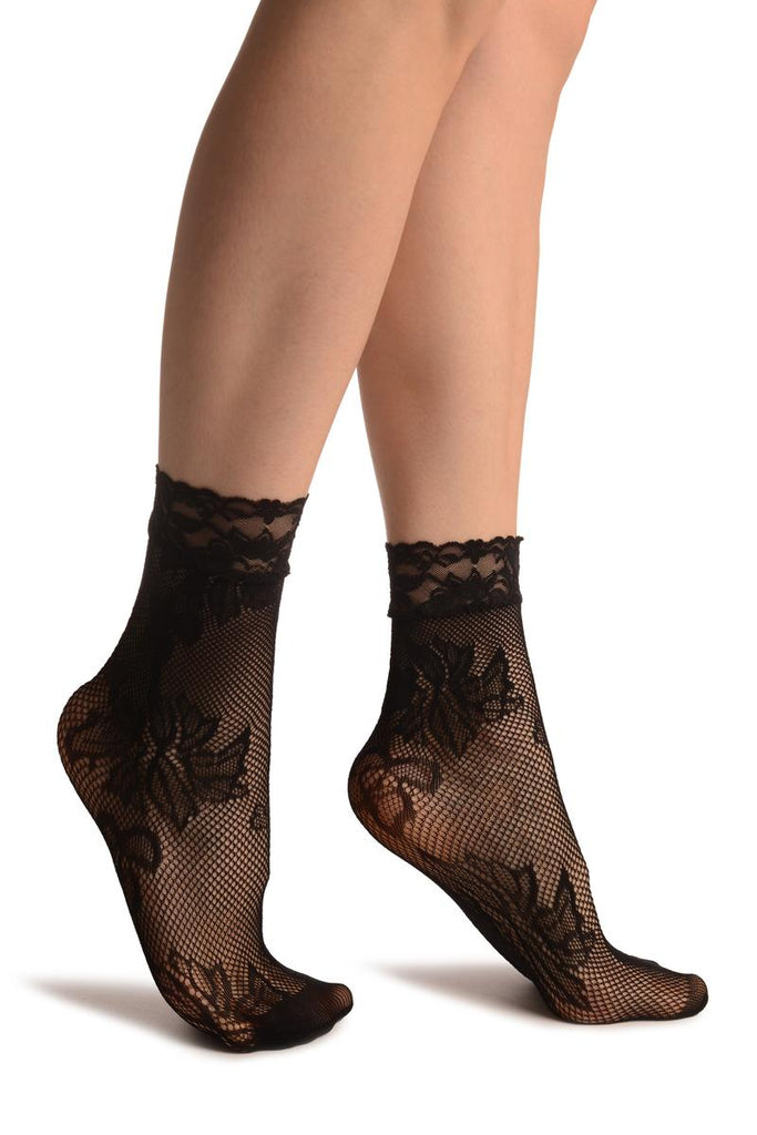liss kiss Orchid & Peony Flowers Black Lace Socks Ankle High - Socks