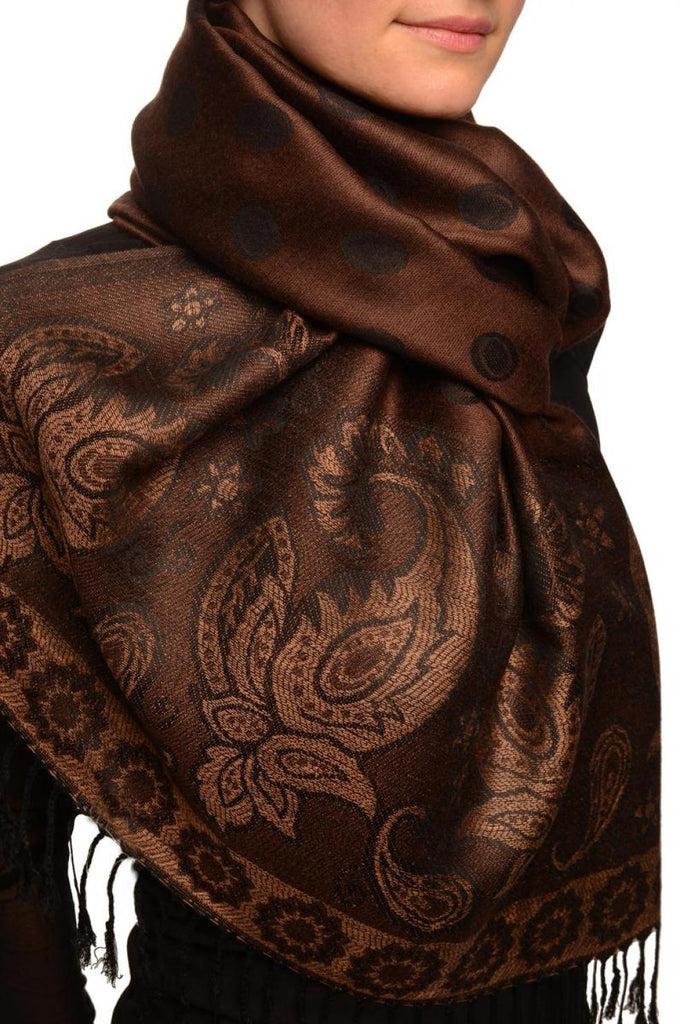Liss Kiss Ovals & Paisleys On Brown Pashmina With Tassels - Scarf