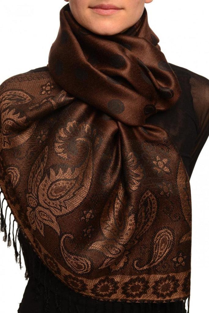 liss kiss Ovals & Paisleys On Brown Pashmina With Tassels - Scarf