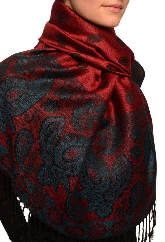 Liss Kiss Ovals & Paisleys On Burgundy Pashmina With Tassels - Scarf