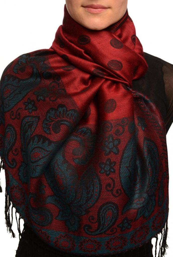 liss kiss Ovals & Paisleys On Burgundy Pashmina With Tassels - Scarf