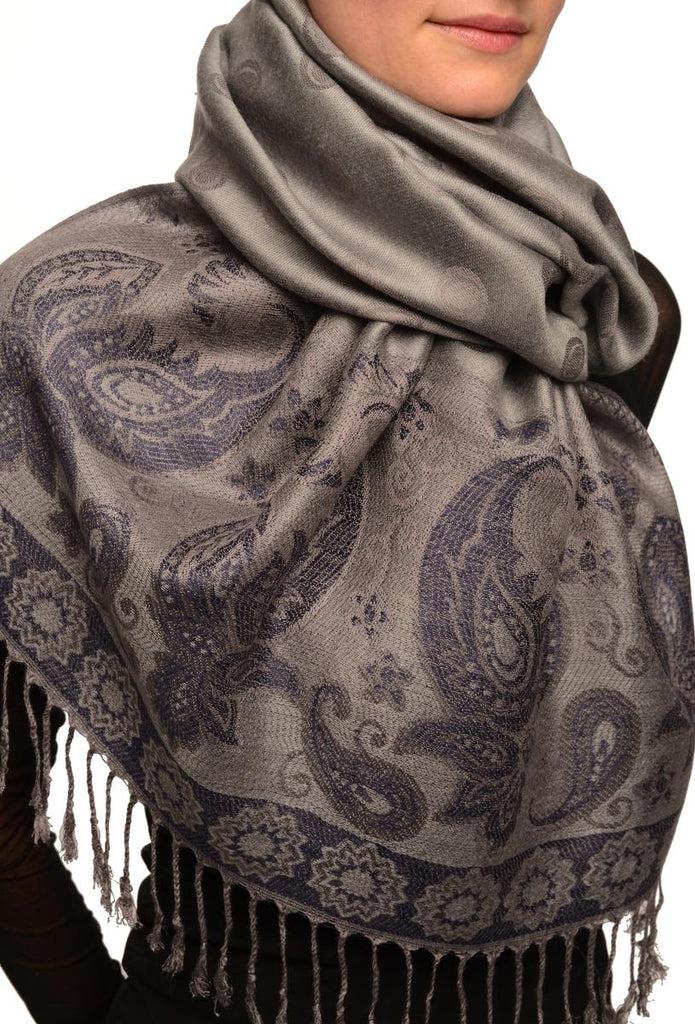 Liss Kiss Ovals & Paisleys On Grey Pashmina With Tassels - Scarf