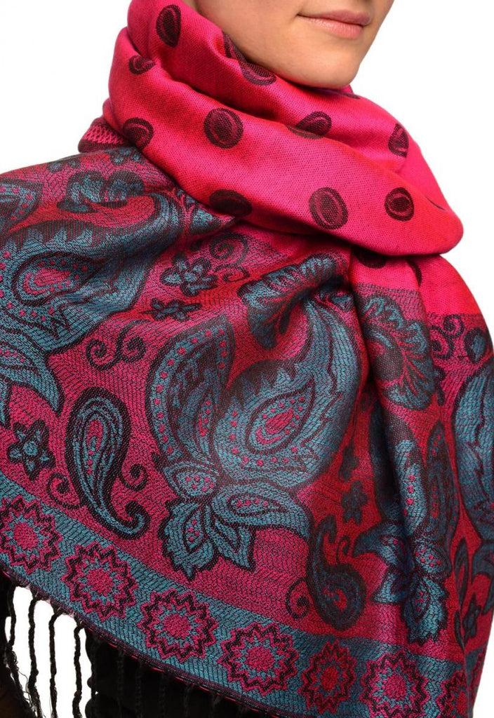 Liss Kiss Ovals & Paisleys On Magenta Pashmina With Tassels - Scarf