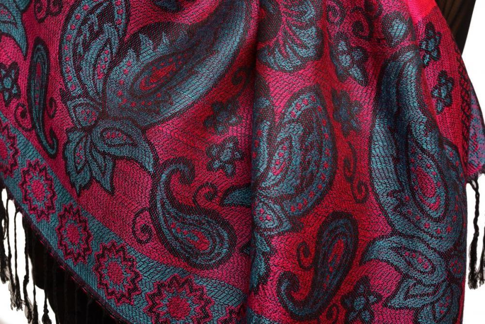 Liss Kiss Ovals & Paisleys On Magenta Pashmina With Tassels - Scarf