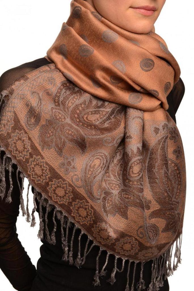 Liss Kiss Ovals & Paisleys On Mocha Pashmina With Tassels - Scarf