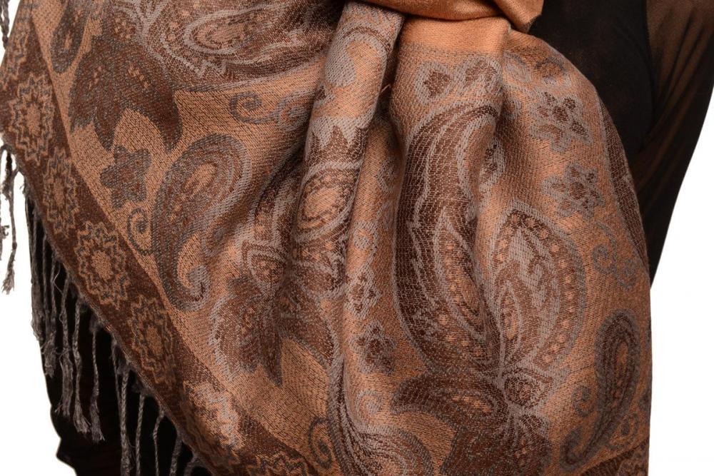 Liss Kiss Ovals & Paisleys On Mocha Pashmina With Tassels - Scarf