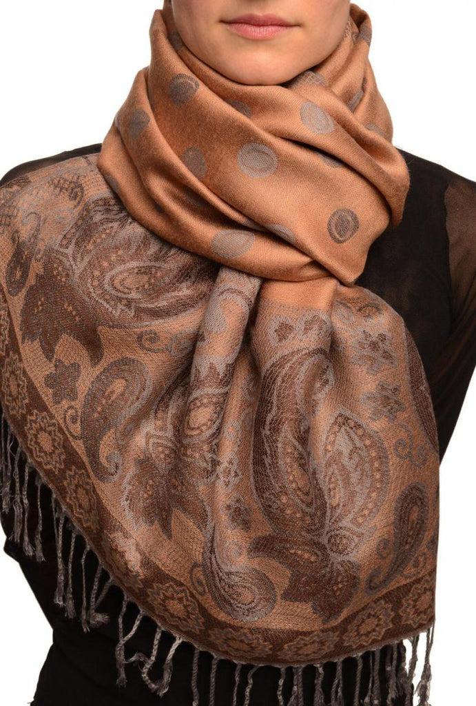 liss kiss Ovals & Paisleys On Mocha Pashmina With Tassels - Scarf