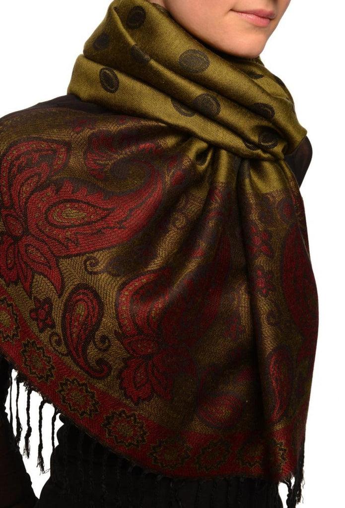 Liss Kiss Ovals & Paisleys On Olive Green Pashmina With Tassels - Scarf