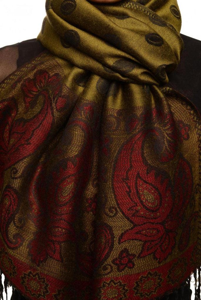 Liss Kiss Ovals & Paisleys On Olive Green Pashmina With Tassels - Scarf