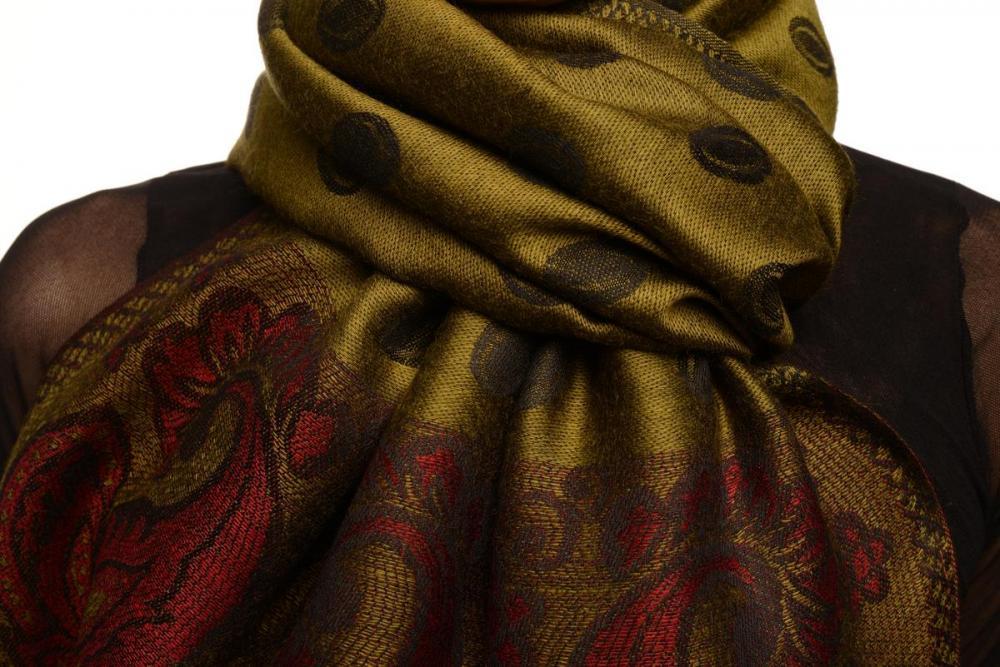 Liss Kiss Ovals & Paisleys On Olive Green Pashmina With Tassels - Scarf