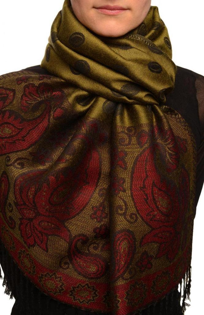 liss kiss Ovals & Paisleys On Olive Green Pashmina With Tassels - Scarf