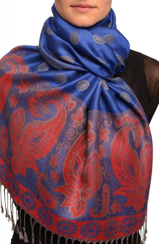 liss kiss Ovals & Paisleys On Persian Blue Pashmina With Tassels - Scarf