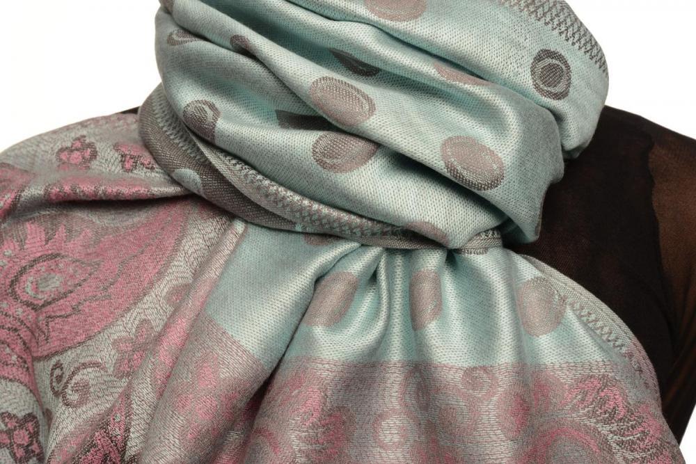 Liss Kiss Ovals & Paisleys On Powder Blue Pashmina With Tassels - Scarf