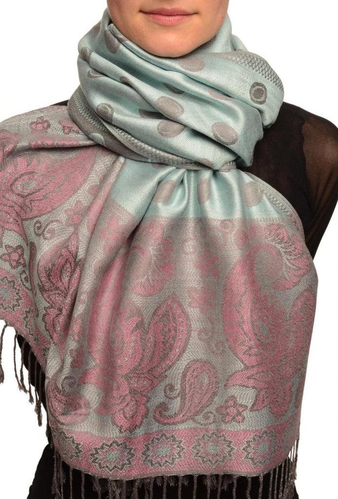 liss kiss Ovals & Paisleys On Powder Blue Pashmina With Tassels - Scarf