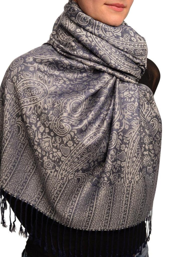Liss Kiss Oxford Blue & Grey Paisleys Pashmina Feel With Tassels - Scarf