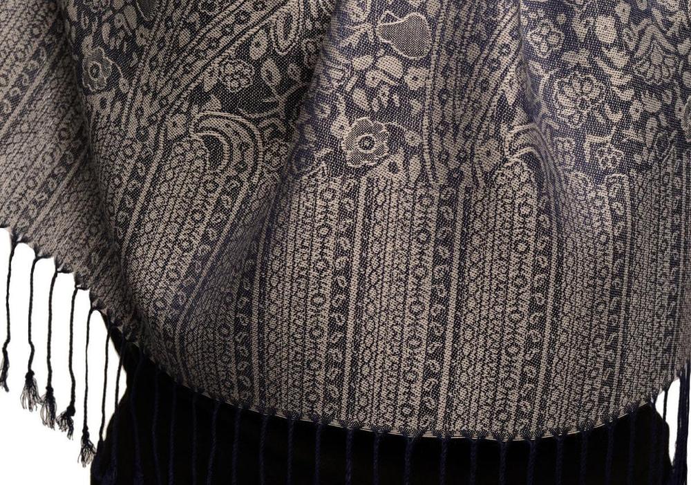 Liss Kiss Oxford Blue & Grey Paisleys Pashmina Feel With Tassels - Scarf