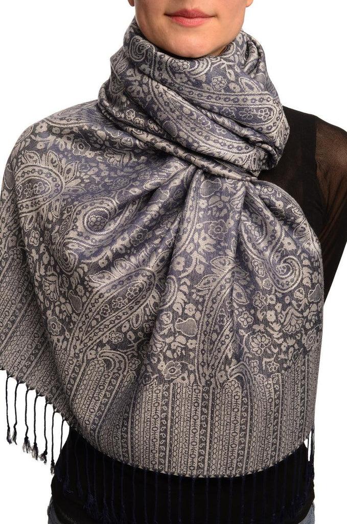 liss kiss Oxford Blue & Grey Paisleys Pashmina Feel With Tassels - Scarf