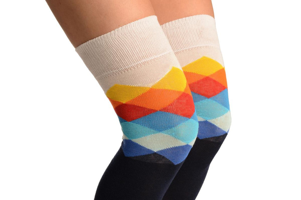 Liss Kiss Oxford Blue With White Harlequin Top Over The Knee Socks - Over The Knee Socks