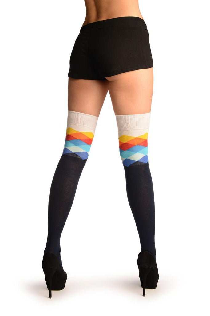 Liss Kiss Oxford Blue With White Harlequin Top Over The Knee Socks - Over The Knee Socks