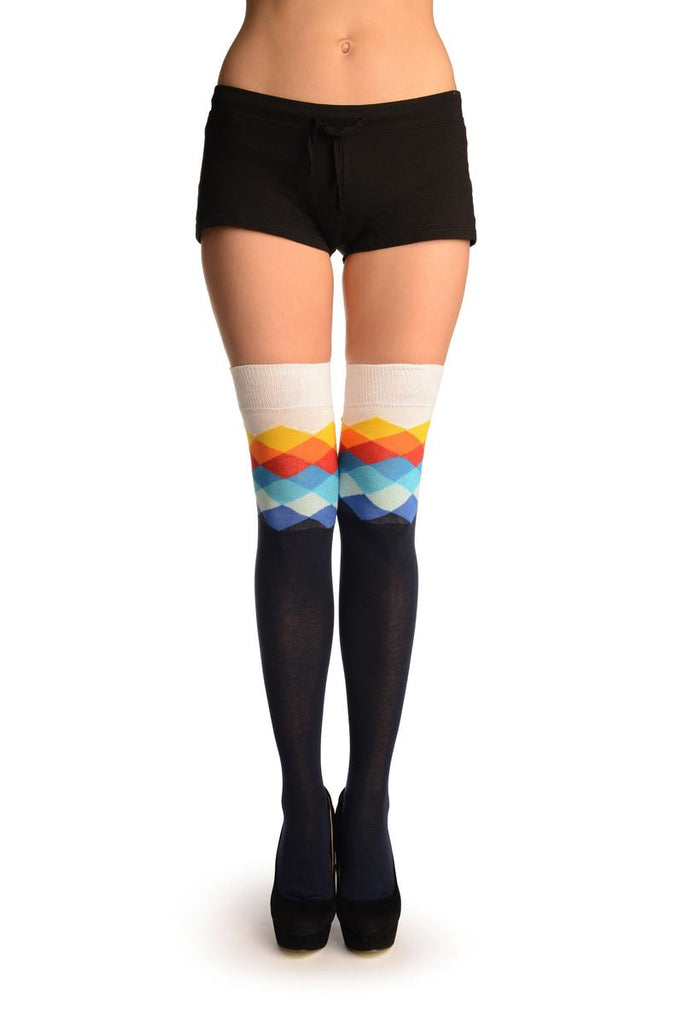 liss kiss Oxford Blue With White Harlequin Top Over The Knee Socks - Over The Knee Socks