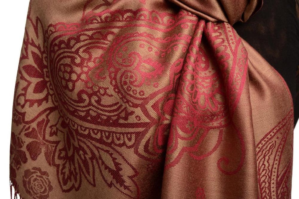 Liss Kiss Paisley & Roses On Brown Pashmina Feel With Tassels - Scarf