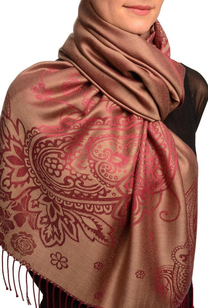 Liss Kiss Paisley & Roses On Brown Pashmina Feel With Tassels - Scarf