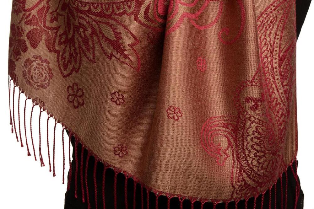 Liss Kiss Paisley & Roses On Brown Pashmina Feel With Tassels - Scarf