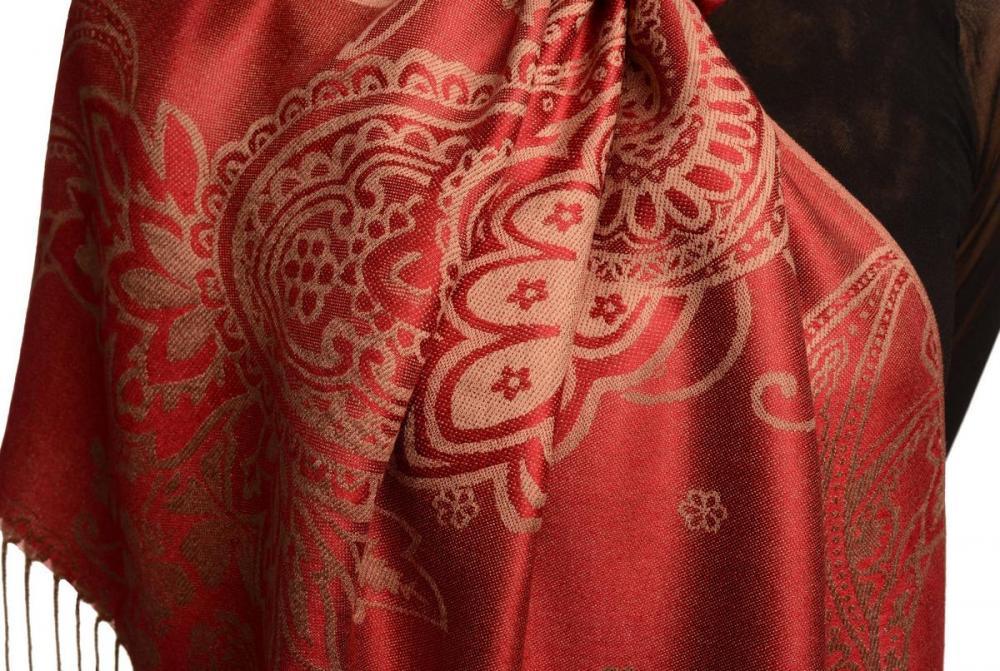 Liss Kiss Paisley & Roses On Burgundy Red Pashmina Feel With Tassels - Scarf
