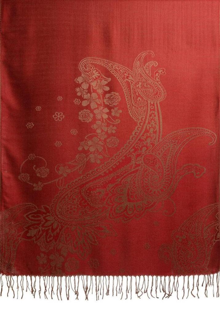 Liss Kiss Paisley & Roses On Burgundy Red Pashmina Feel With Tassels - Scarf